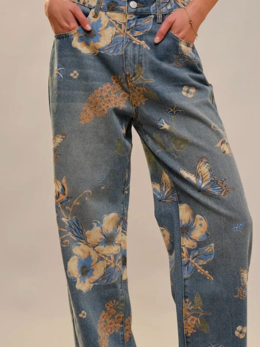 Dani California High Rise Wide Leg Jeans – Floral & Butterfly Print NWT